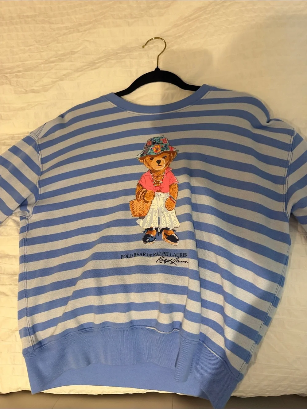 Ralph Lauren Kids Light Blue & White Striped Polo Bear Crew Sweatshirt